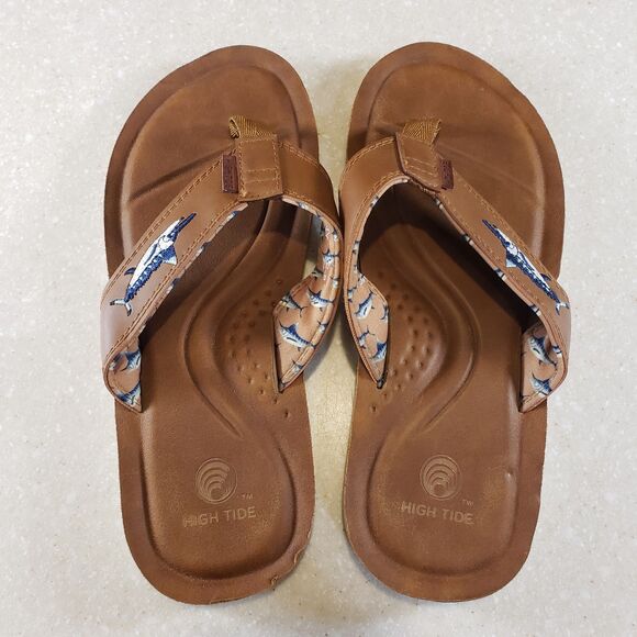 High Tide Men’s Brown Leather Flip Flops Size 8 Shark Print Thong Sandals - Picture 5 of 6